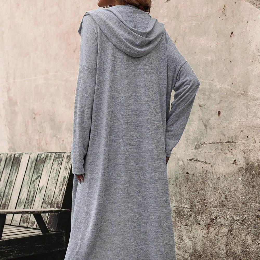 Light Grey Casual Womens Drop Shoulder Open Front Hooded Coat - Picture 3 of 5